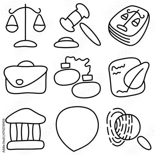 Set of hand-drawn law and justice icons. Vector doodle sketch illustrations for legal services, websites, and presentations, including scales of justice, gavel, and courthouse.