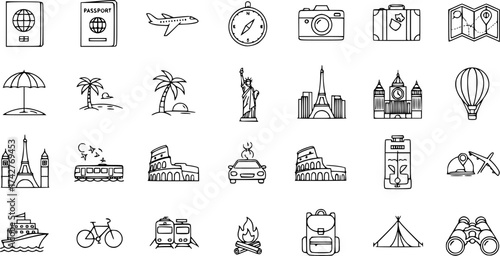 Simple line set of tourism icons.
