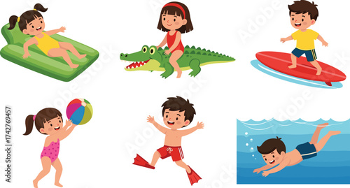 Cartoon children water activities, summer fun, pool games, beach play, surfing, swimming, inflatable float, active kids, colorful illustration, joyful moments, outdoor splash