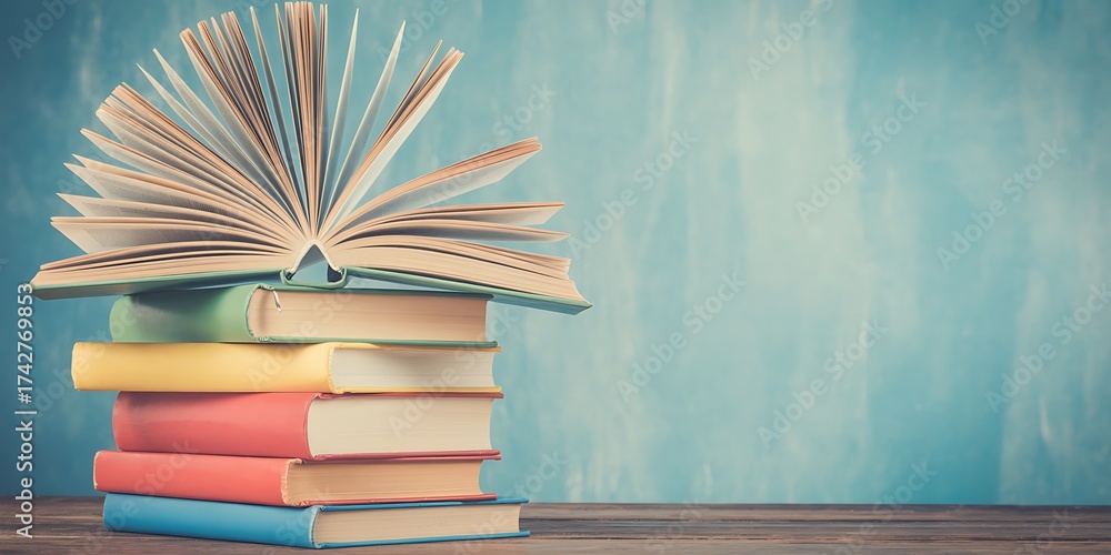 Fototapeta premium Stack of colorful books with an open book on top against a rustic wooden background