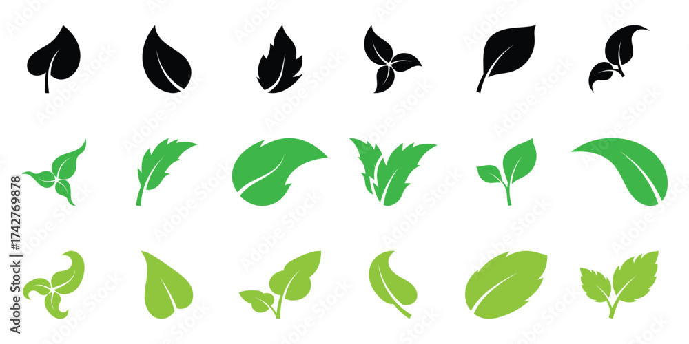 Fototapeta premium Black and green leaf icon set on white background. Vector isolated leaf icons. Nature leaf icon set. Green leaf icons set.
