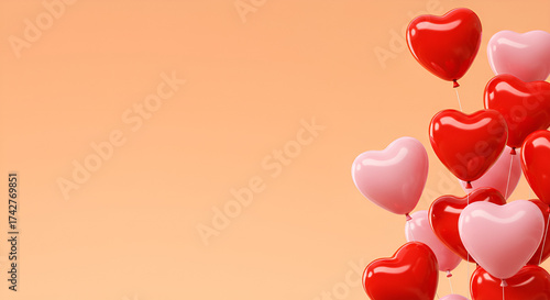 Colorful heart-shaped balloons floating on peach background for Valentine’s Day with copy space
