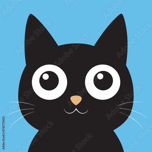Cute cartoon black cat with big green eyes and pointed ears, A cute, cartoon black cat with large, expressive green eyes and pointed ears, isolated on a white background.