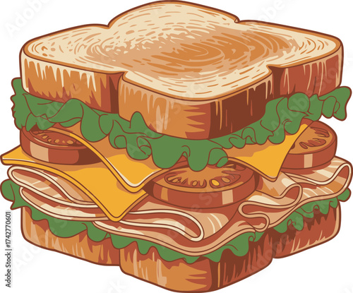 Vector art of delicious sandwich with ham, cheese, lettuce, and tomato