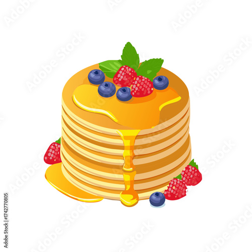 Tall stack of pancakes with dripping syrup, fresh blueberries, raspberries and mint