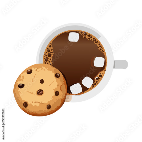 Top view of coffee cup with marshmallow and chocolate chip cookie in a cartoon vector design illustration