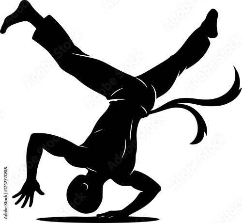 Monochrome silhouette of a capoeira dancer spinning on head, dynamic black and white vector perfect for martial arts, dance, and cultural movement design