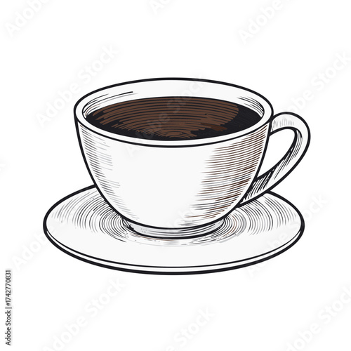 Classic coffee cup and saucer illustration vintage design for breakfast or break.
