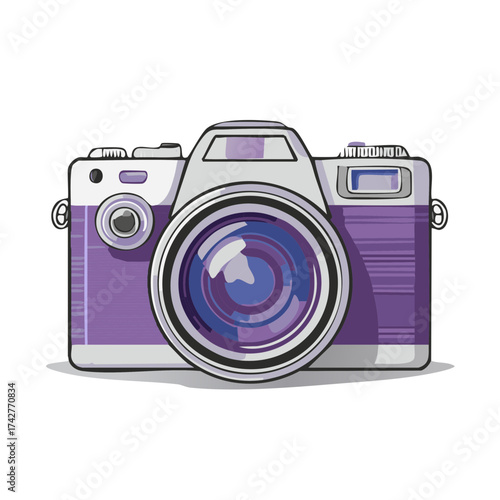 Hand drawn vector illustration of a stylish purple vintage photo camera