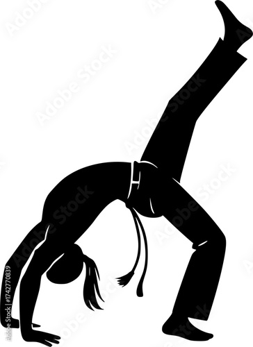 Monochrome silhouette of a capoeira dancer in bridge kick, dynamic black and white vector perfect for martial arts, dance, and acrobatic movement design