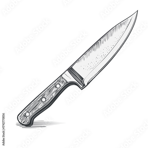 Classic Chef's Knife with Wooden Handle in a Hand Drawn Vintage Engraving Style