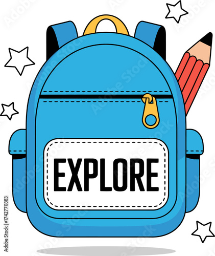 Vector art of a blue backpack with the word explore on a label and a pencil sticking out, surrounded by stars