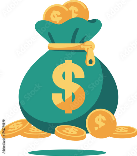 Vector art of a teal money bag overflowing with golden coins, with several coins scattered around it