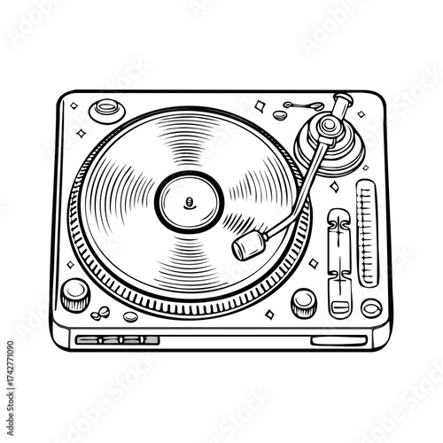 Hand Drawn Cartoon Style Illustration of a Classic Turntable with Spinning Vinyl Record