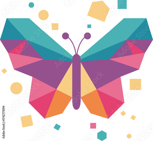 Vector art of a vibrant, geometric butterfly composed of colorful polygonal facets in shades of blue, pink, purple, and yellow, with small abstract shapes floating around