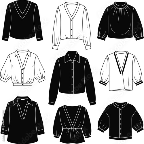 Collection of nine black and white fashion illustration sketches of women s tops and blouses with various necklines and sleeve styles
