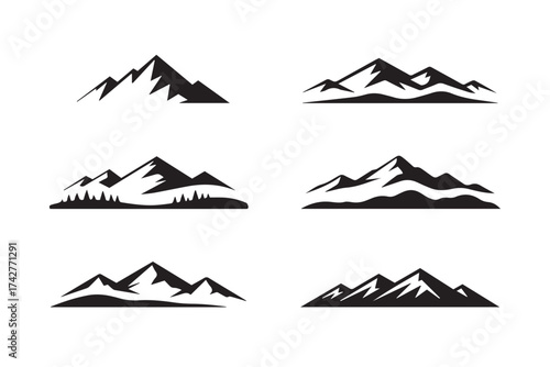 Six black mountain range silhouettes on white background