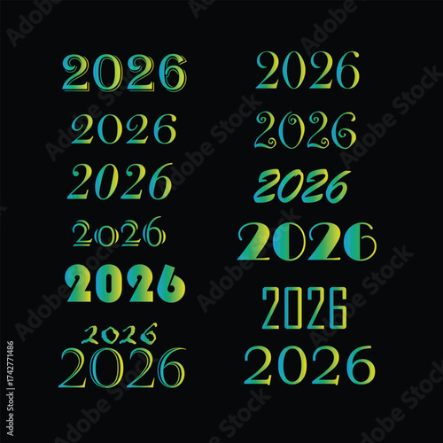 Vibrant colorful 2026 numbers displayed in multiple stylized font variations.Happy new year 2026.