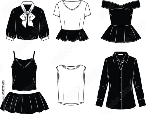 Collection of six fashion garment illustrations featuring tops and a skirt in black and white outline style