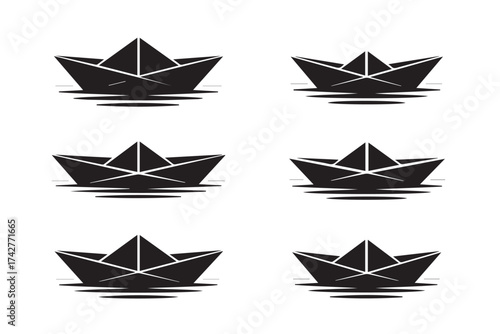 Six black paper boats floating on stylized water origami