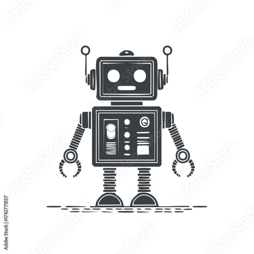 Retro robot design illustration. Futuristic cartoon character in graphic style.
