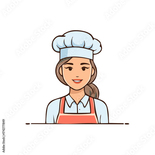 A friendly smiling woman chef in a professional uniform hat and apron cartoon illustration