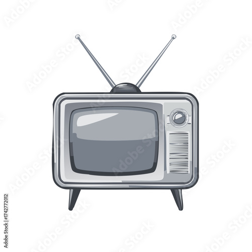 Vintage Television with Antennae Illustration Gray Retro TV set with Legs Screen