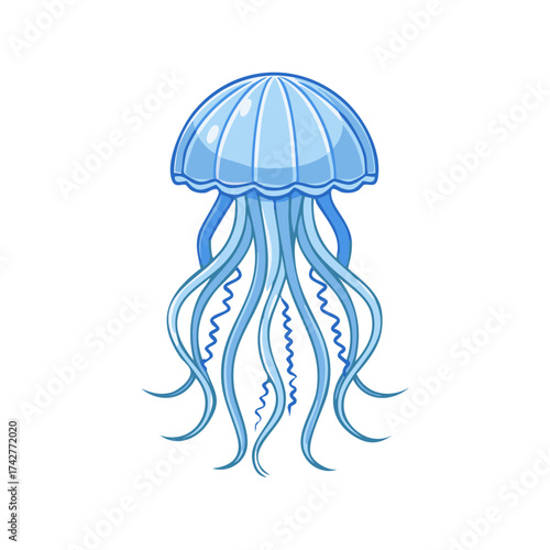 Blue illustration of a jellyfish with flowing tentacles and a bell shape