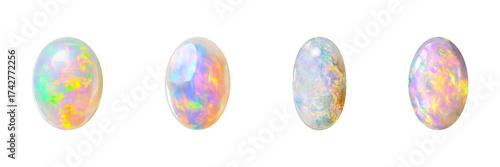Opal Gemstones Set. Iridescent Beauty And Jewelry Design Collection Isolated On Transparent Background