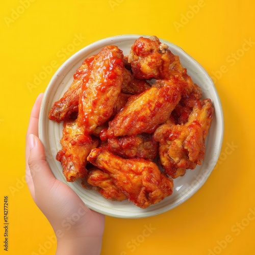 Una mano sostiene un plato lleno de alitas de pollo rojas y brillantes sobre un fondo amarillo.