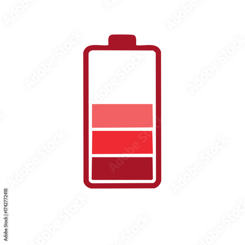 Red battery icon showcasing low charge with gradient fill indicating energy consumption