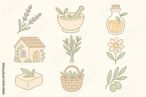 Pastel Herbal and Cottage Elements – Lavender, Chamomile, Basket and Essential Oil Illustration