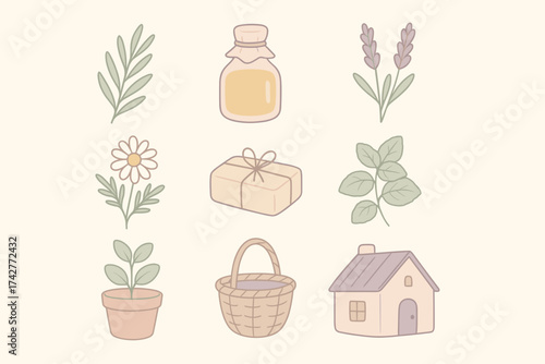 Pastel Herbal and Cottage Elements – Lavender, Chamomile, Basket and Essential Oil Illustration