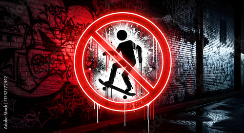Prohibition Sign Illustrates Banned Skateboarding On A Grungy, Graffiti-Covered Brick Wall