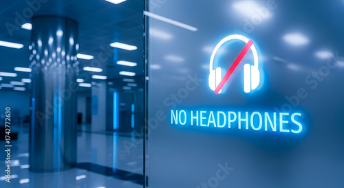 Prohibition Sign in Modern Building Indicates No Headphones Allowed Indoors.