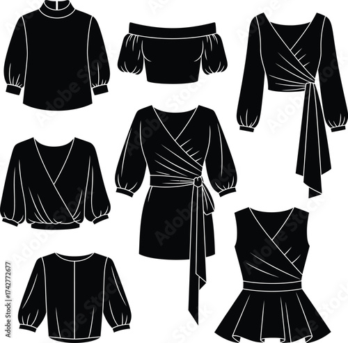 Collection of stylish black silhouette fashion tops and dresses featuring wrap designs and puffed sleeves