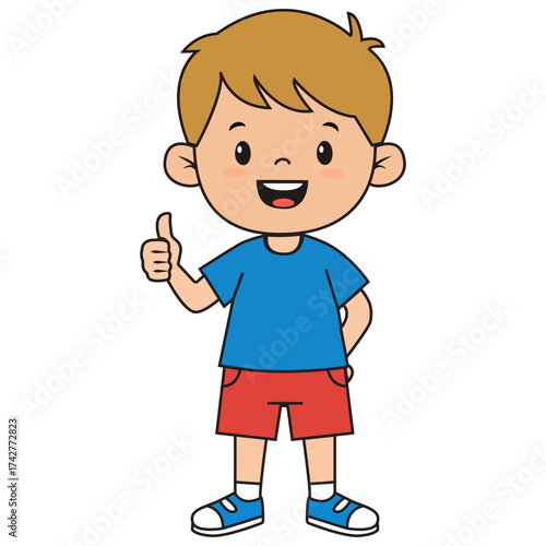  Cute boy in shorts, t-shirt and sneakers smiling and giving thumb up