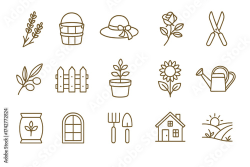 Linear Gardening Icons Set – Flowers, Tools, Plants and Countryside Elements