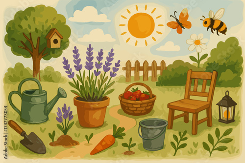 Garden Scene Illustration – Plants, Tools, and Outdoor Nature in Flat Decorative Style