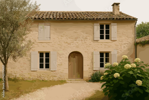 Rustic Provence House Facade with Wooden Shutters and Patio Furniture