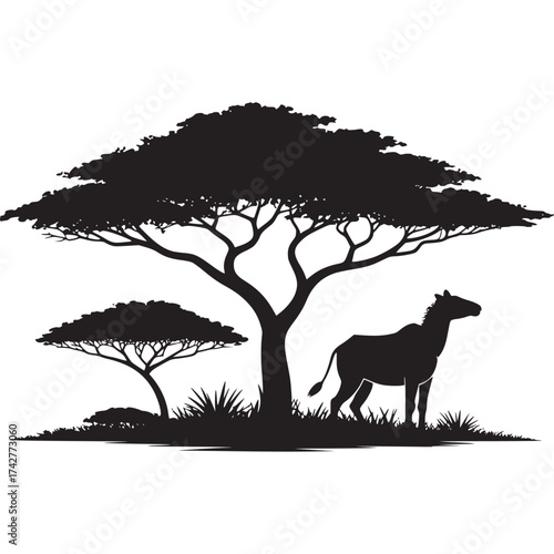 Canvastavla Vector art of silhouette of a zebra under acacia trees