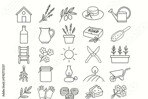 Linear Gardening Icons Set – Flowers, Tools, Plants and Countryside Elements