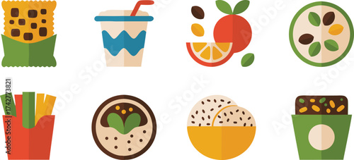 Collection of Geometric Style Icons Representing Various Food and Drink Items in a Clean Minimalist Design