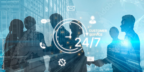 Concept of 24-hour customer service. Providing constant, non-stop support and assistance through multiple channels like phone, email, and chat for customer satisfaction. Fermion
