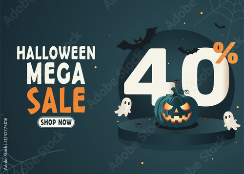 Happy Halloween sale podium design with pumpkins, ghosts, bats, and balloons on dark background. Perfect spooky vector for promotional banners, posters, and flyers.