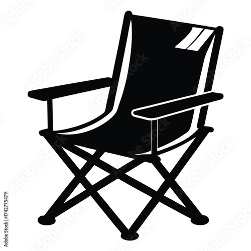 Black folding chair with armrests resting on a white background presents minimalist comfort