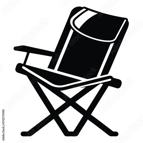 Isolated black folding chair exhibits minimalist style with its crisscross support and armrests design