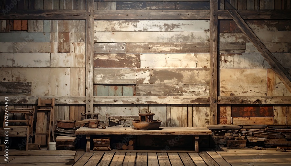 Obraz premium Rustic workshop interior with weathered wood walls and furniture