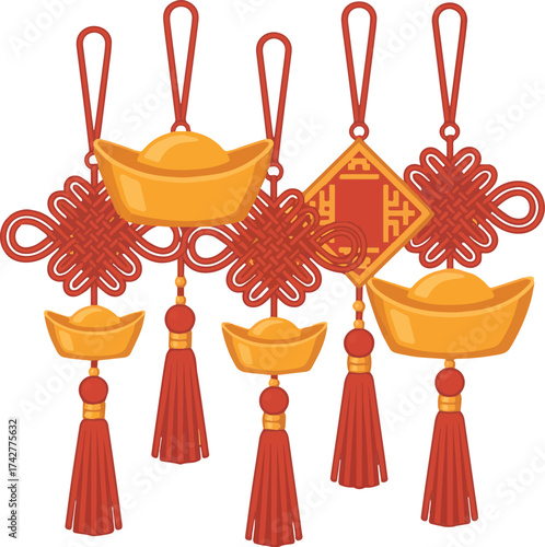 Collection of five golden Chinese ingots and red knot ornaments with tassels Chinese knot gold ingot