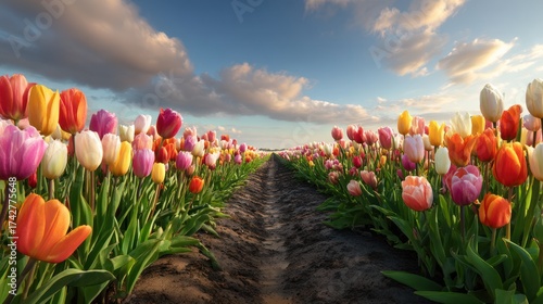 Expansive vibrant field of colorful blooming spring tulips under a beautiful blue sky with fluffy clouds and a clear path